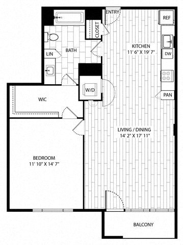Floor plan for 1 bed, 1 bath, 801 sqft